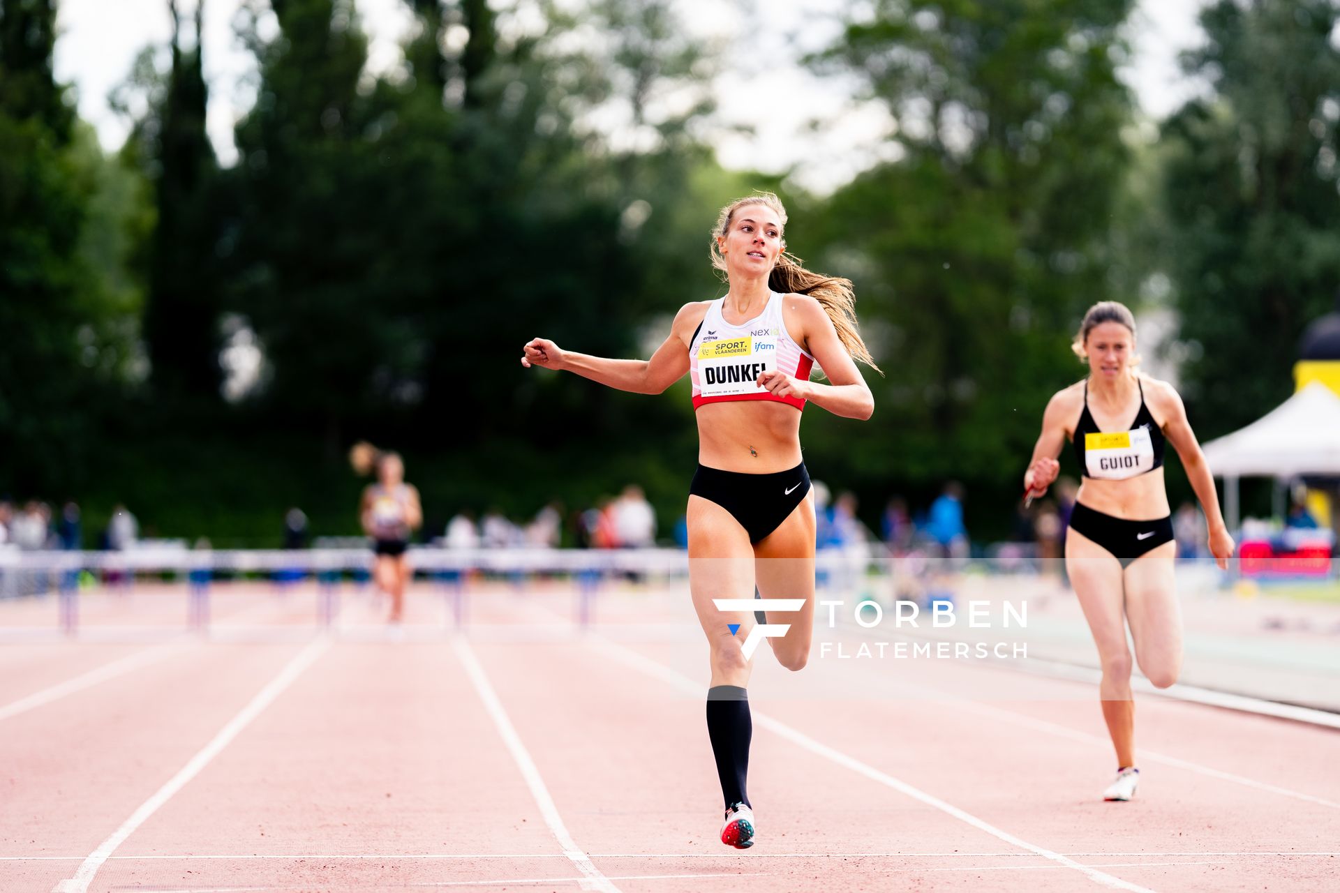 Marsha Dunkel (LC Rehlingen) ueber 400m Huerden am 28.05.2022 waehrend der World Athletics Continental Tour IFAM Oordegem in Oordegem